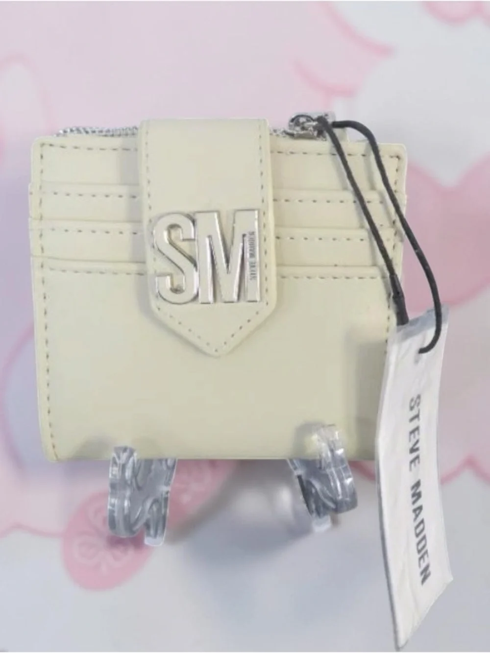 NWT Steve Madden Ivory Compact Bifold Wallet Card Holder SM Logo Zip Coin Pocket